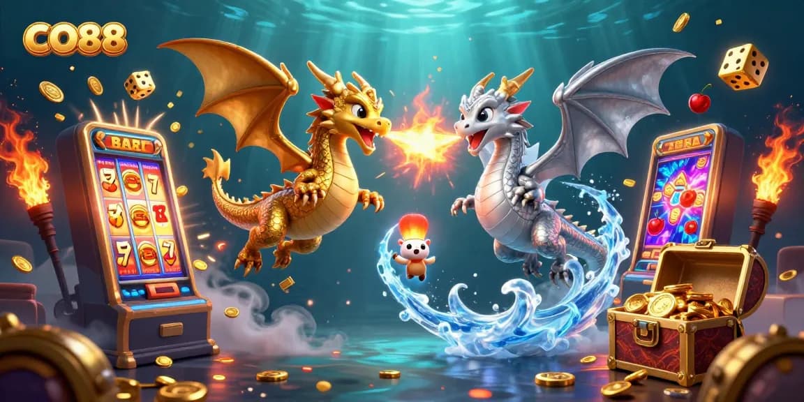 Engage with CO88 as gold and silver dragons swirl around a jackpot slot machine amidst colorful gaming elements.