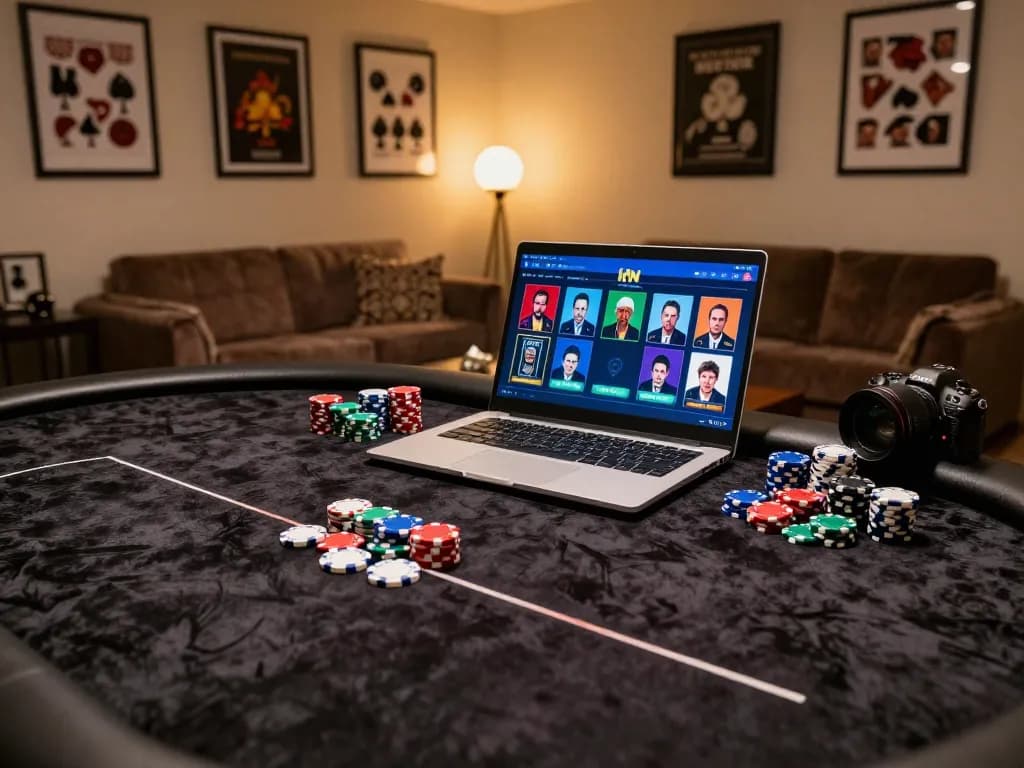 Playing idn poker in a stylish home office setup with chips and laptop displayed