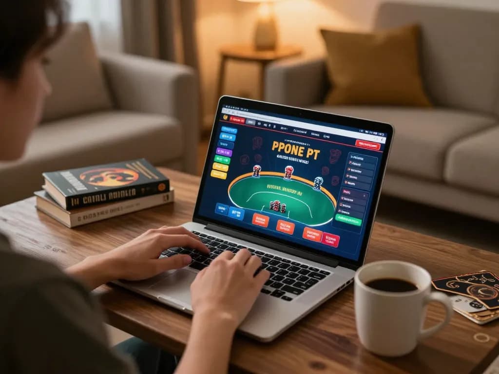 Engaging in online poker gameplay at https://mk8th.net/ with a warm home setup featuring strategic notes.