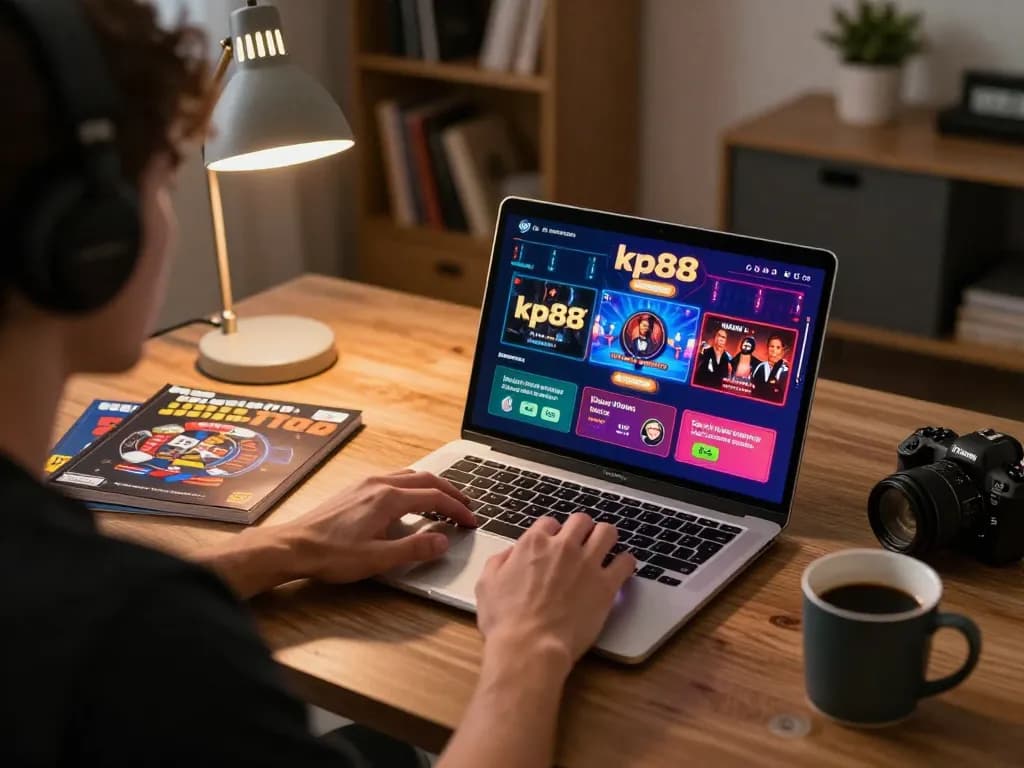 Player enjoying kp88 online gaming in a cozy home setup with laptop and casino interface