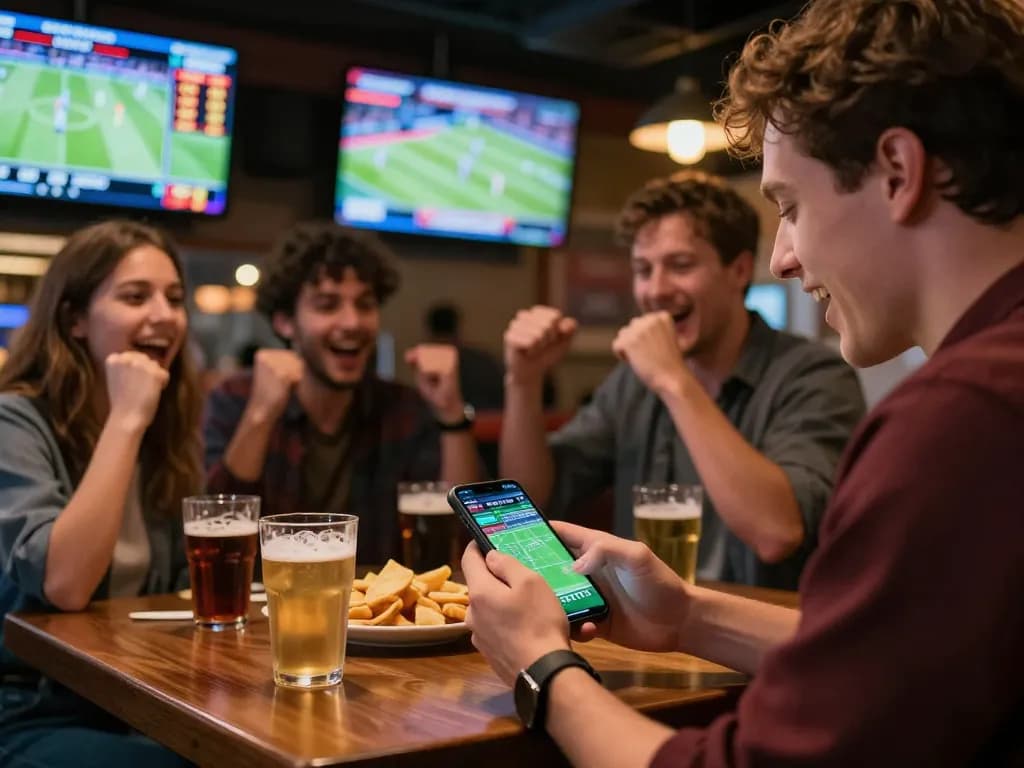 Engaged bettor using smartphone for 88vv sports betting in a lively bar setting.