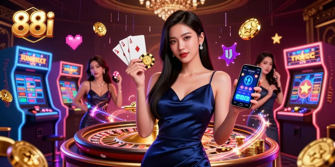 Experience the thrill of 88i with vibrant casino elements and a confident player holding a smartphone.