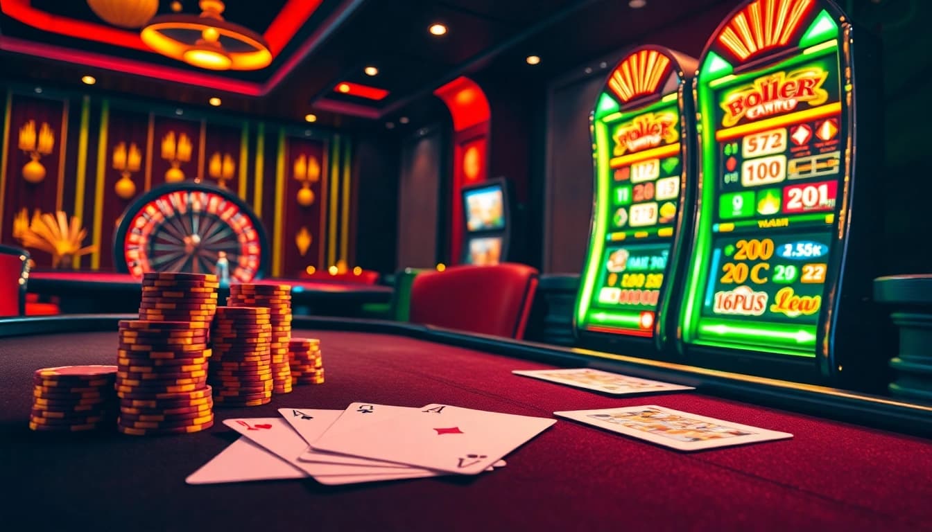 Experience the thrilling atmosphere of LC88 with vibrant casino elements including poker chips and a roulette wheel.