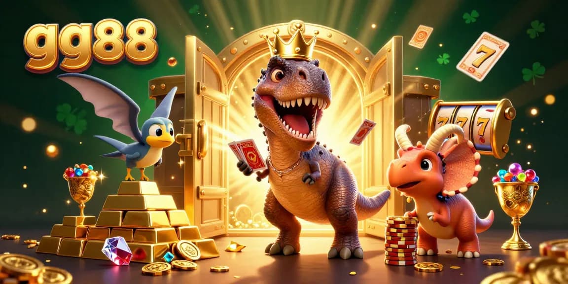 Join the fun at gg88, featuring vibrant cartoon characters and dazzling slot game elements in a lively casino scene.