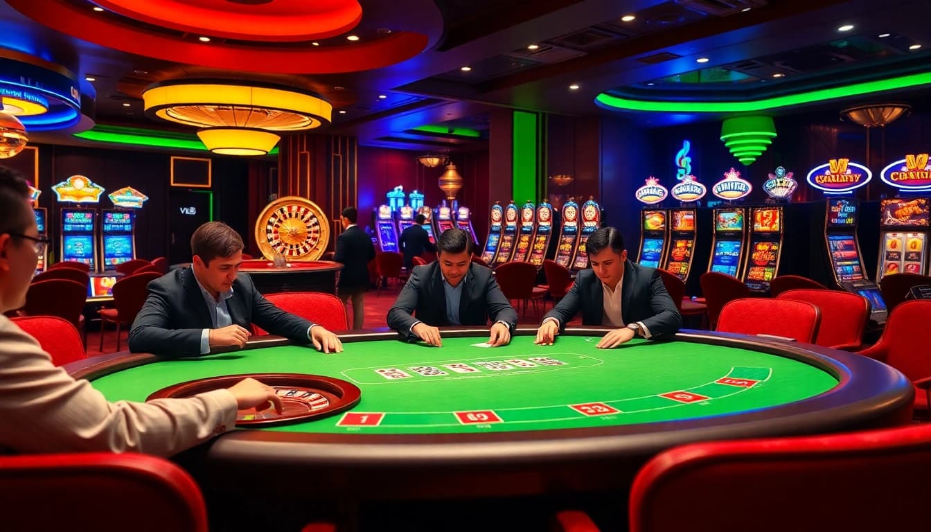 Engaged players at the vn88 casino table, showcasing excitement in a professional poker game.