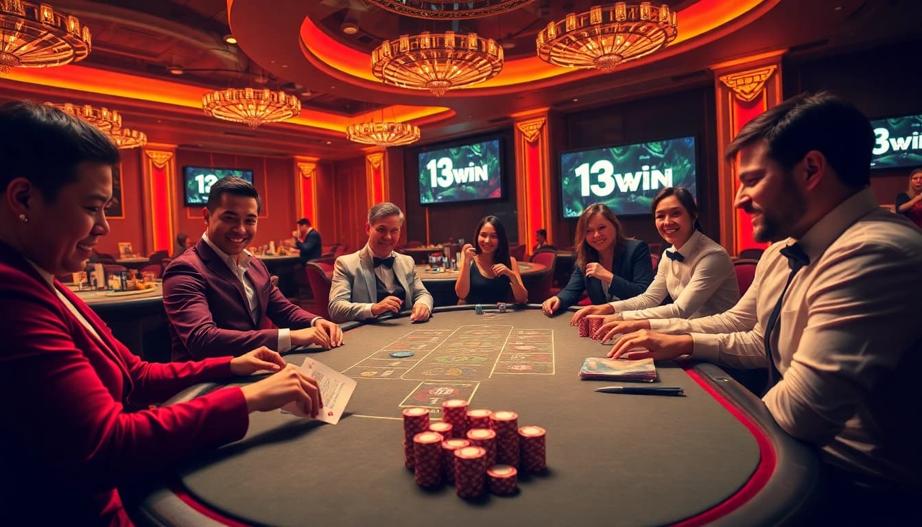 Exciting poker action at the 13win casino table, showcasing vibrant chips and professional dealers.