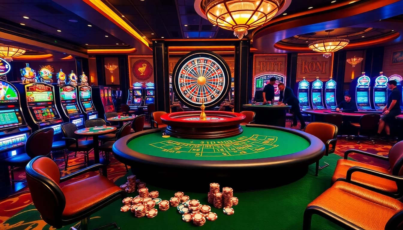 Captivating view of a vibrant casino scene at XX88 with poker, roulette, and slot machines.