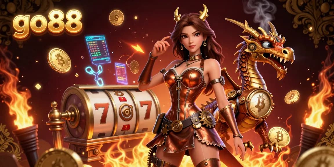 Engage in vibrant gaming adventures at go88 with dazzling steampunk elements and iconic slot symbols.