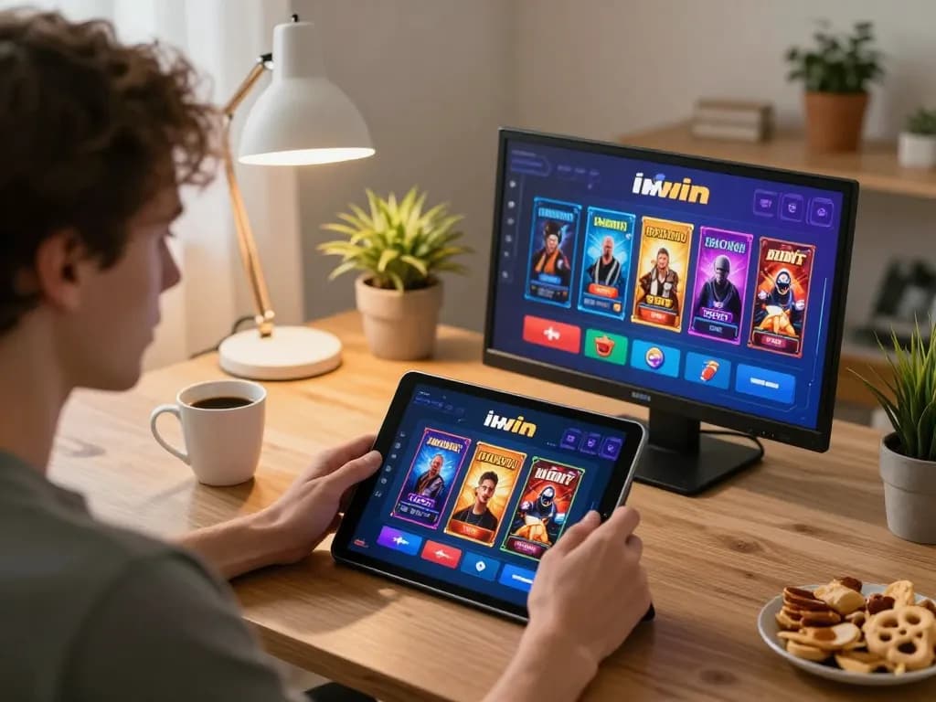 Experience the thrill of iwin casino games with engaging online gameplay setup, person focused on tablet
