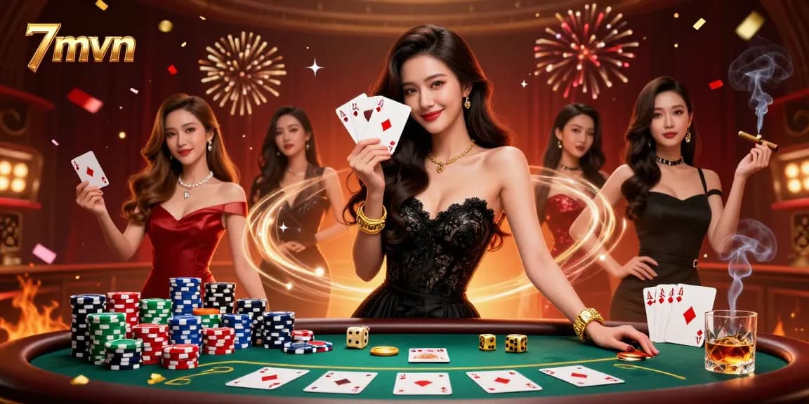 Experience the excitement of 7mvn with an elegant Asian woman at a vibrant poker table, showcasing luxury and thrills.