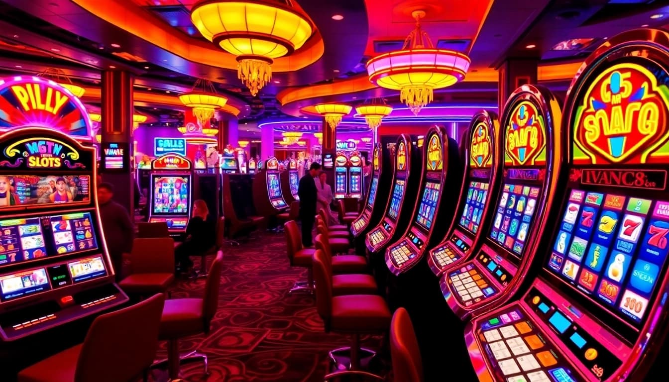 Engaging Nova88 slots experience with vibrant machines in a lively casino setting.
