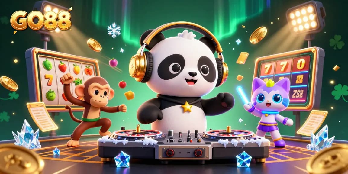 Experience the excitement of GO88 with vibrant slots and dynamic 3D characters in a lively casino scene.