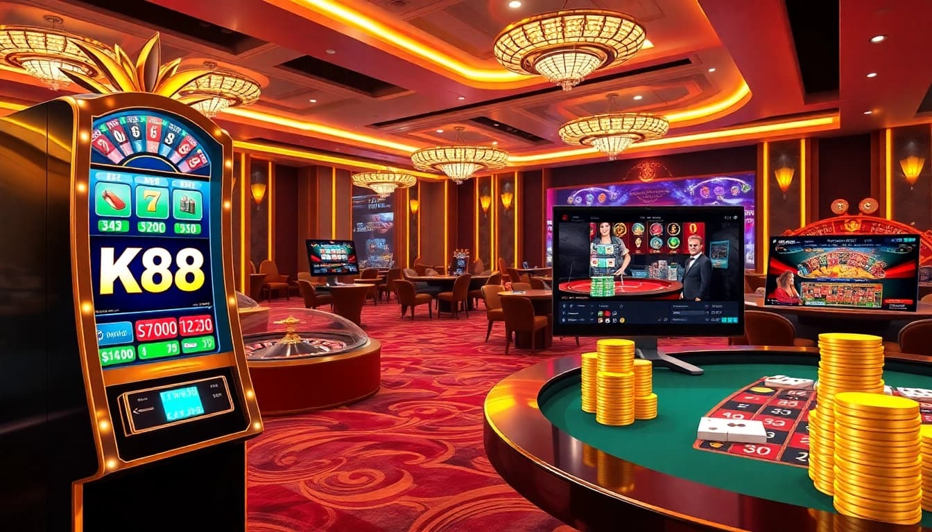 K88 casino experience featuring vibrant slot machines and elegant table games in a luxurious setting.