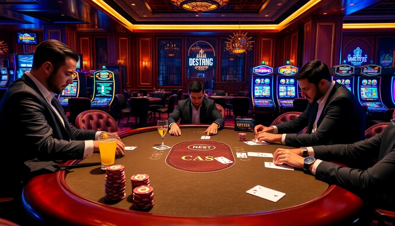 Engaged players participate in an intense poker game at https://mk8th.net/ with colorful chips and cocktails.