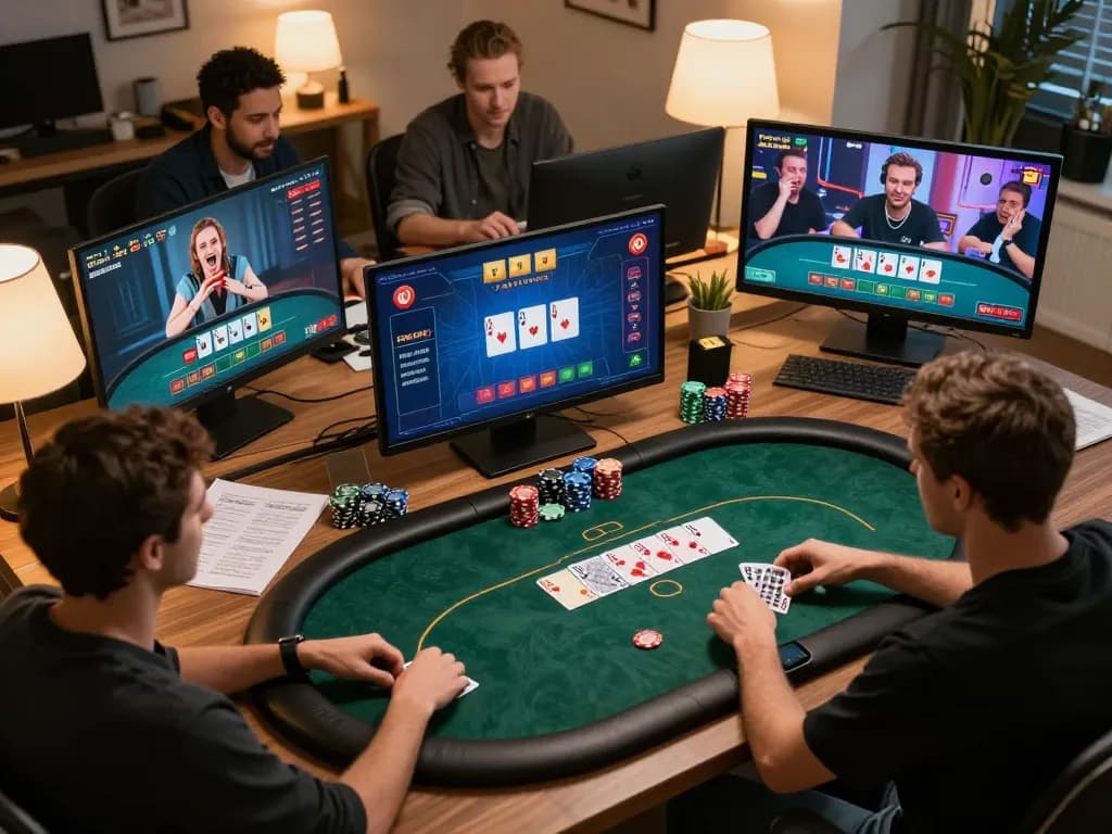 VT88 players engaging in an exciting online poker session at home, showing strategic gameplay.