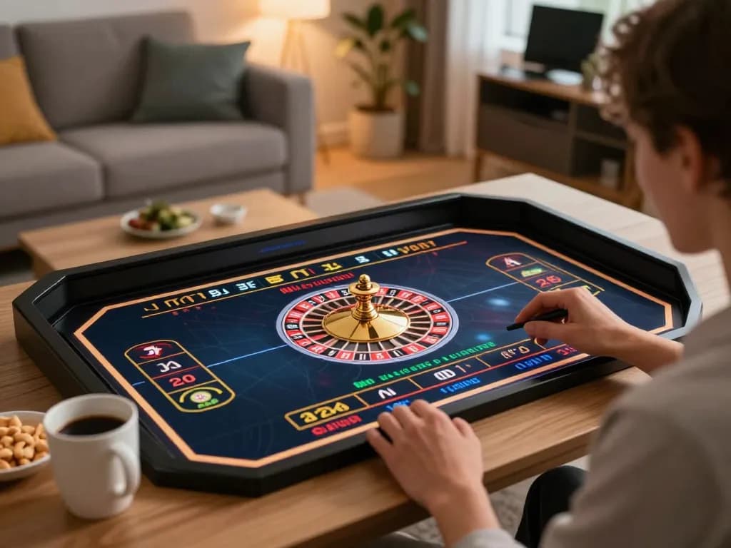 good88 player enjoying an online roulette game on a tablet in a cozy living room