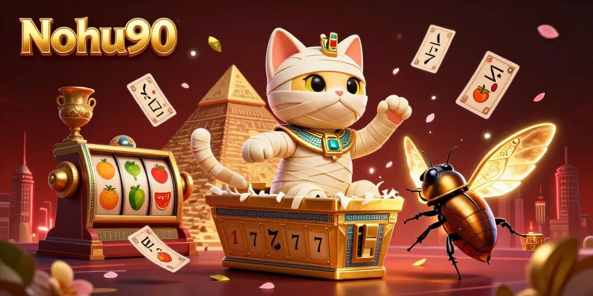 Nohu90 features a vibrant 3D scene with a mummy cat and slot elements, showcasing exciting gameplay.