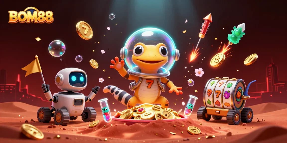 BOM88 showcases an exciting casino adventure with vibrant characters and slot elements in a dynamic 3D scene.