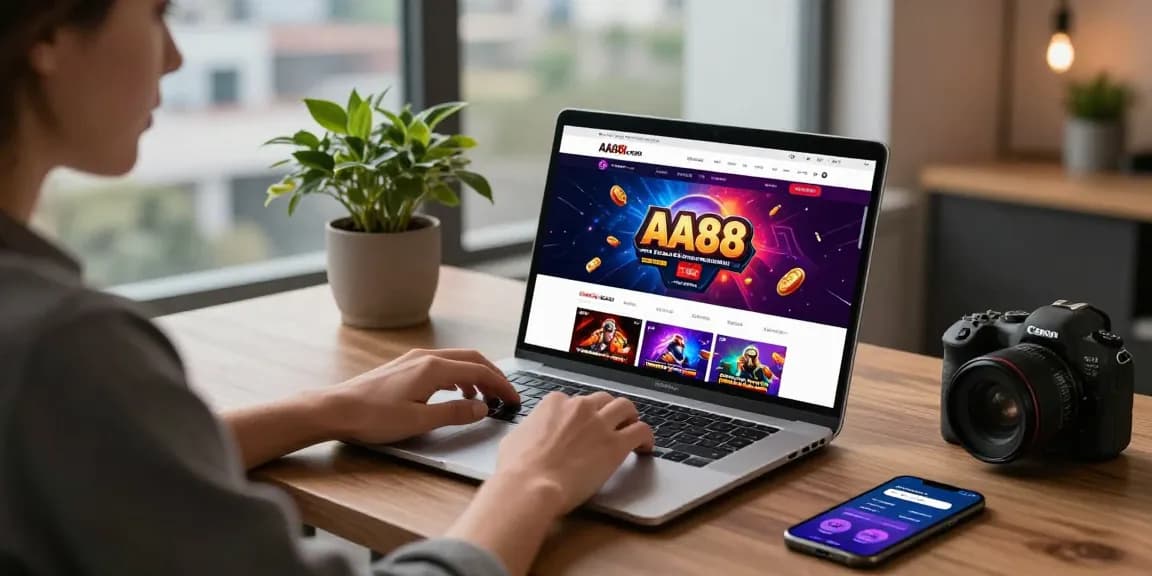 User engaging with AA88.com on a laptop in a cozy home office setting, showcasing online gaming and betting options with vibrant graphics.