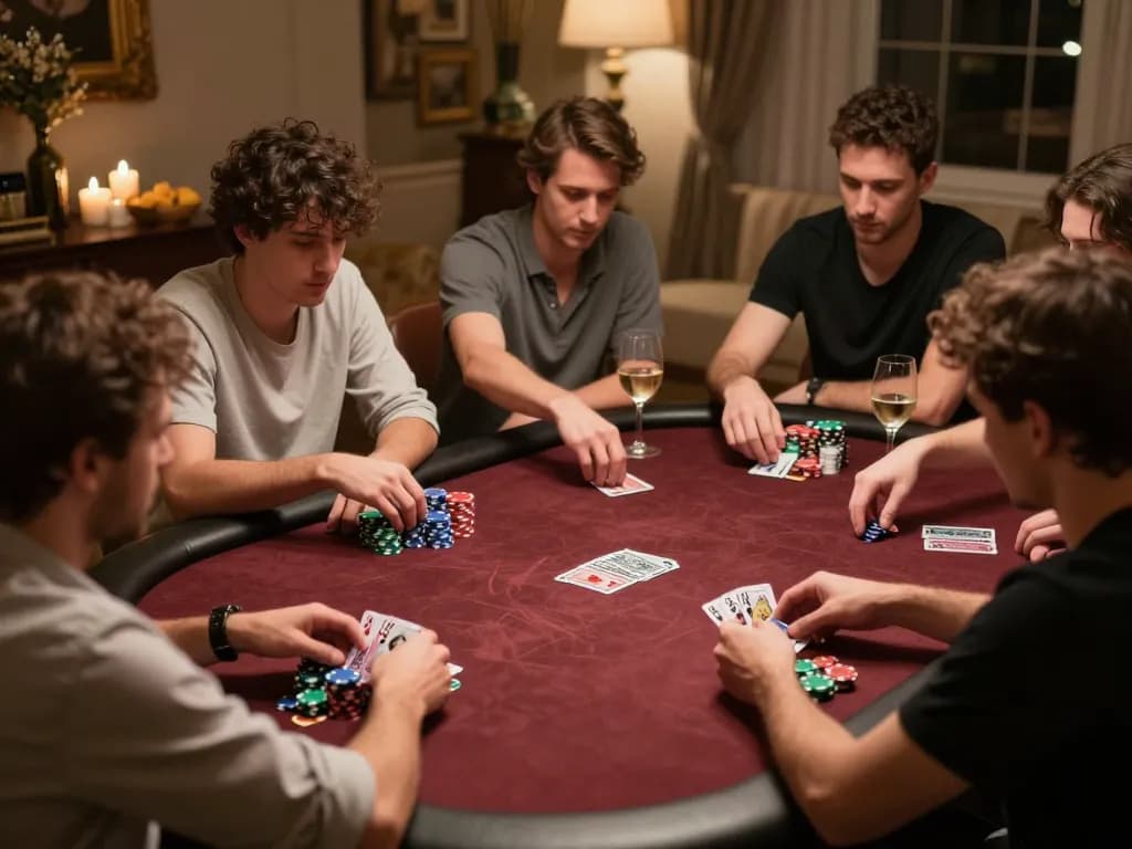 Pemain Pupisgames mengevaluasi tangan strategis selama malam poker di rumah mewah, chip ditumpuk dan camilan tersedia