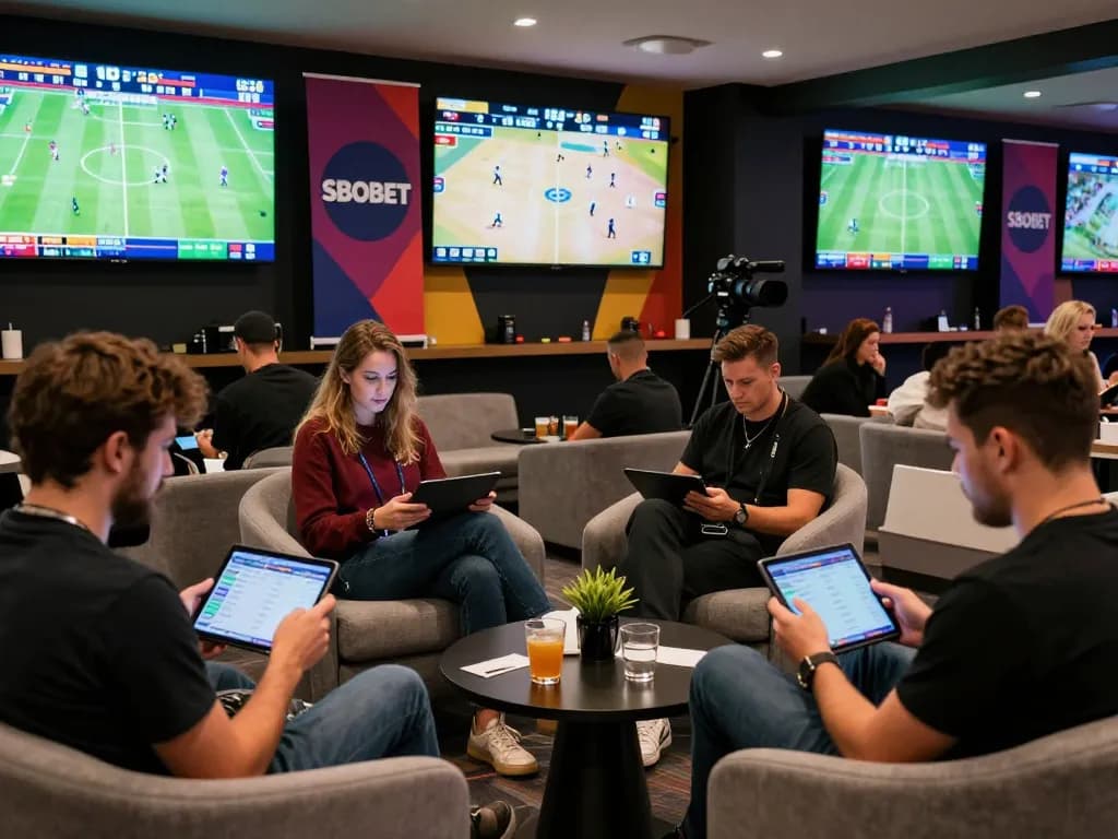 SBOBET betting enthusiasts engaged in lively sports discussions at a modern event.