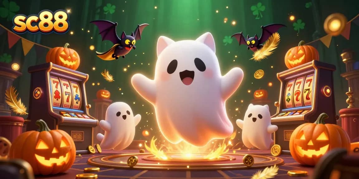 Win big with sc88 featuring a ghost cat and bat in an enchanting casino scene.