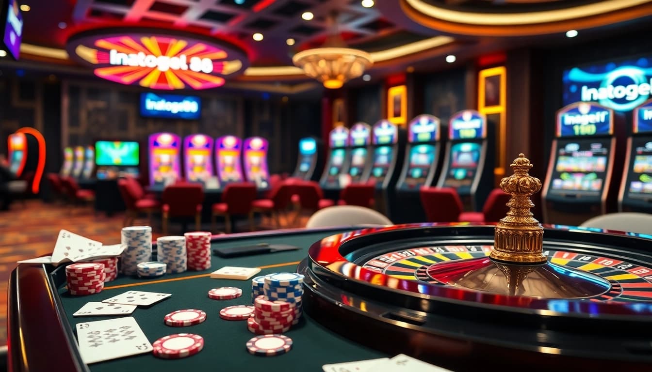 Experience the excitement of inatogel88 with a vibrant casino scene featuring poker chips, roulette, and colorful slot machines.