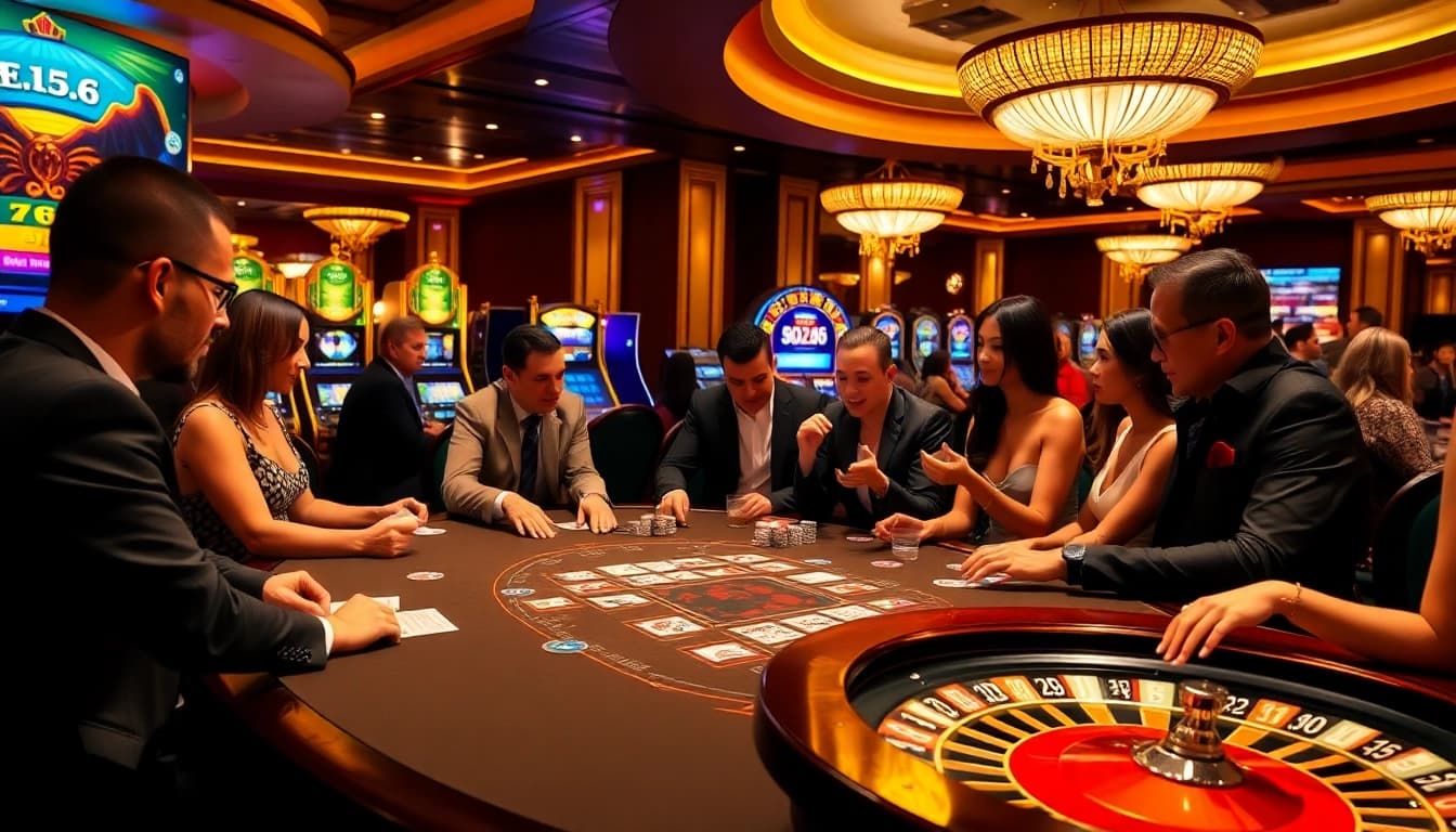 SODO66 casino scene showing enthusiastic players at a poker table with vibrant ambiance.