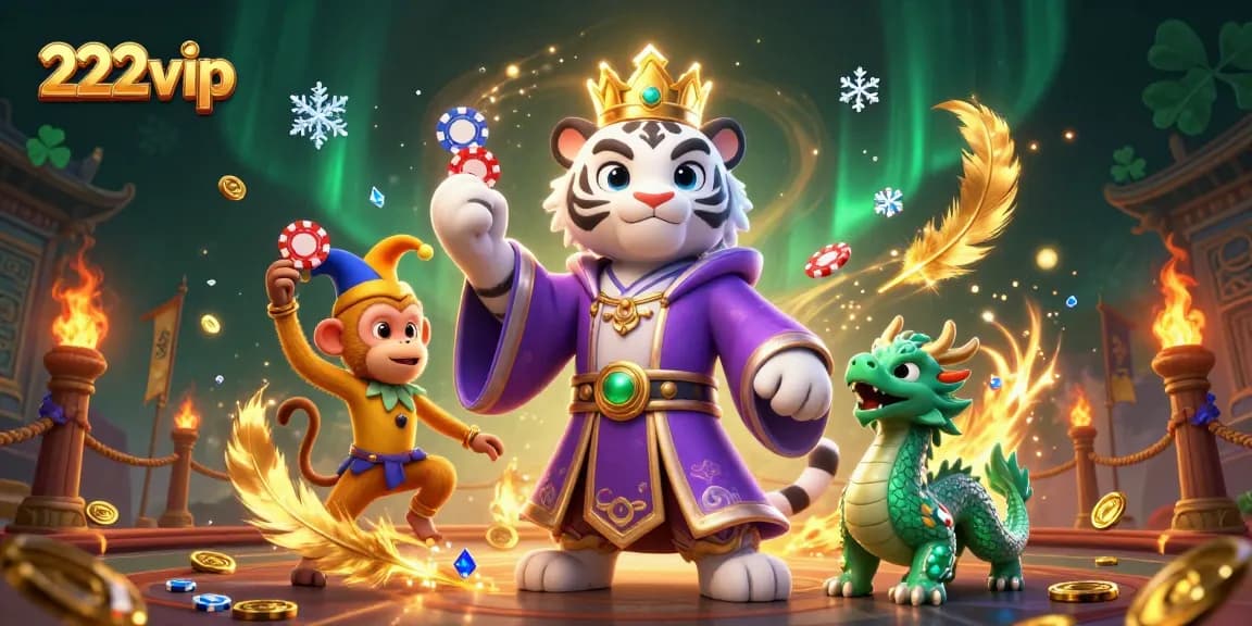 Divirta-se jogando no 222vip com um divertido tigre e um macaco em um ambiente de cassino vibrante.
