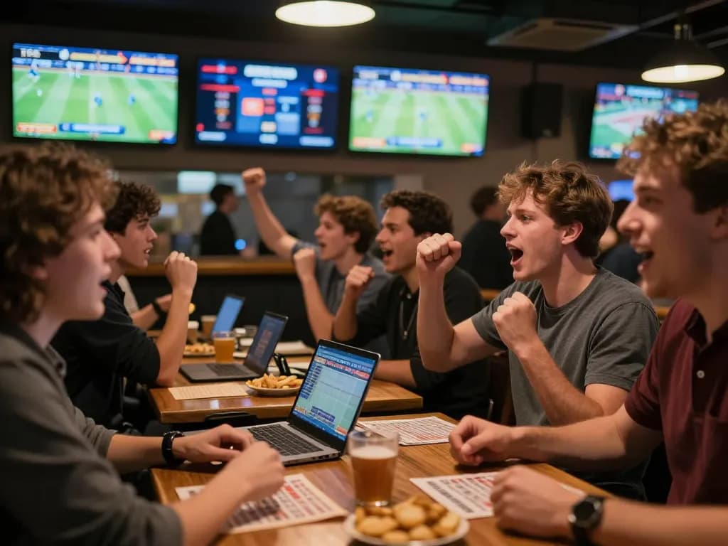 Fans cheering and placing bets at F8BET during live sports viewing, vibrant atmosphere.