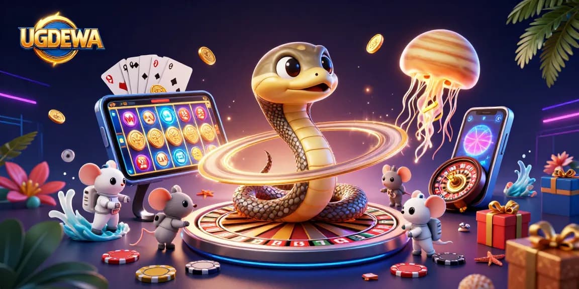 Experience the excitement of UGDEWA's cosmic gambling with a vibrant illustration of betting and casino elements.