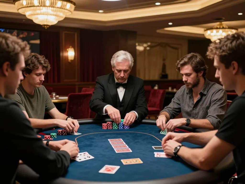 RR88 poker players strategizing bets at a luxurious casino table.