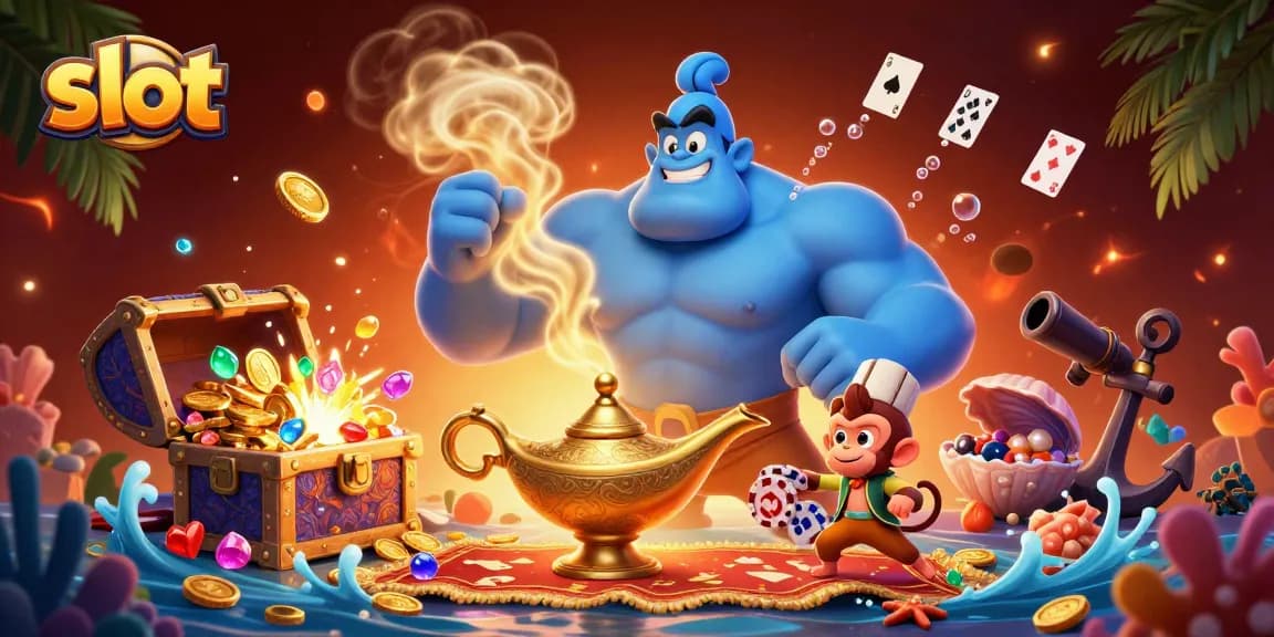 Spin colorful slots and jackpot treasures with a genie and lively characters