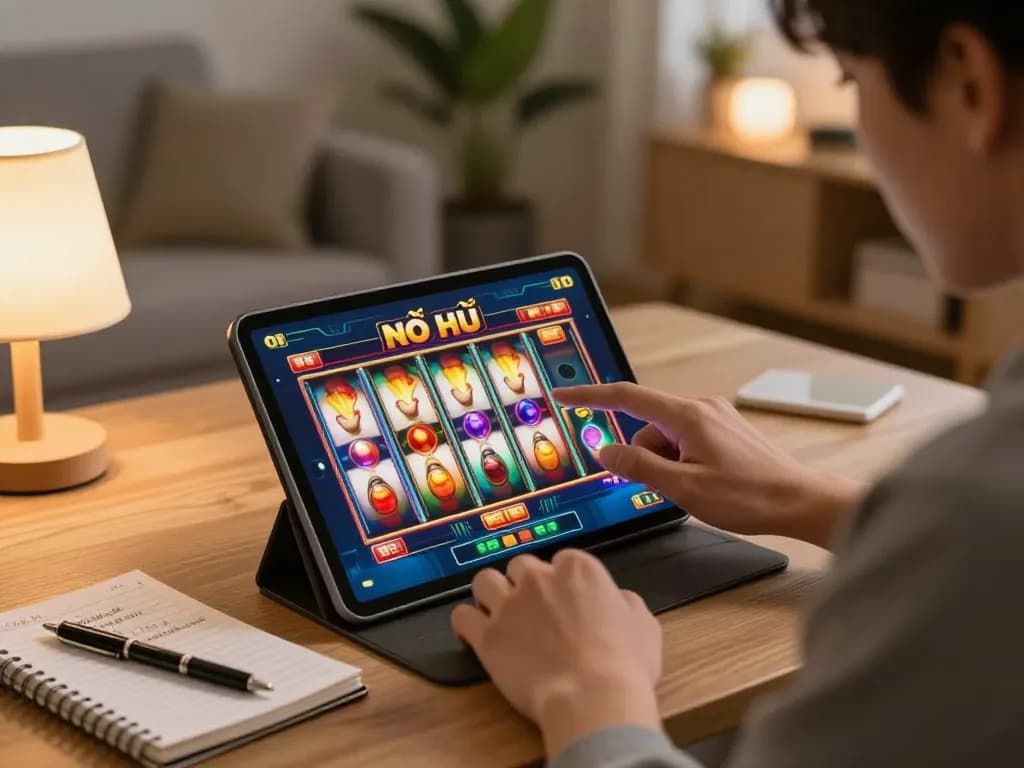 Nổ hũ gaming session with player engaging on a tablet, showcasing strategies in cozy home setting