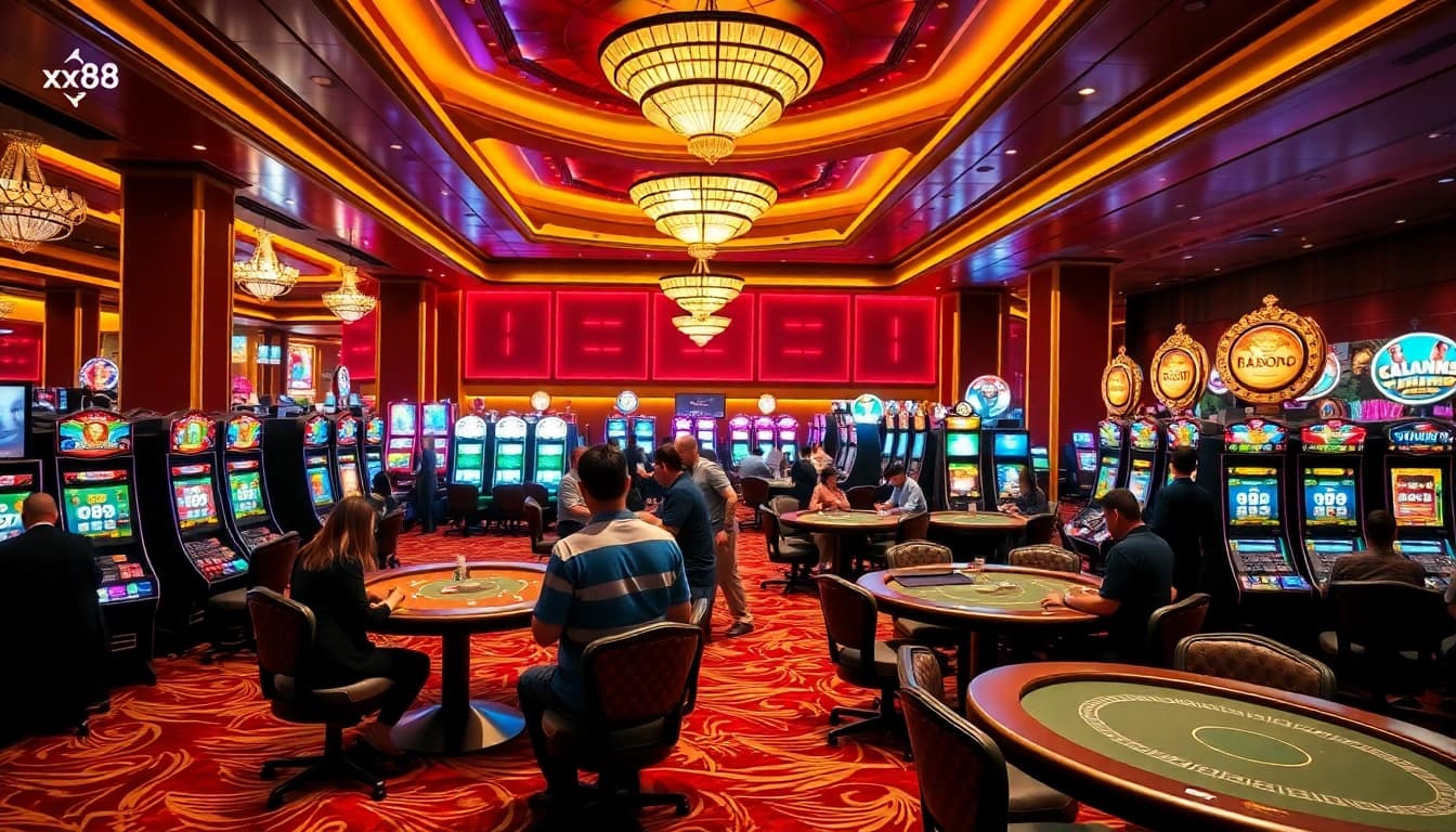 Playing casino games at xx88 with live dealers and vibrant slot machines.