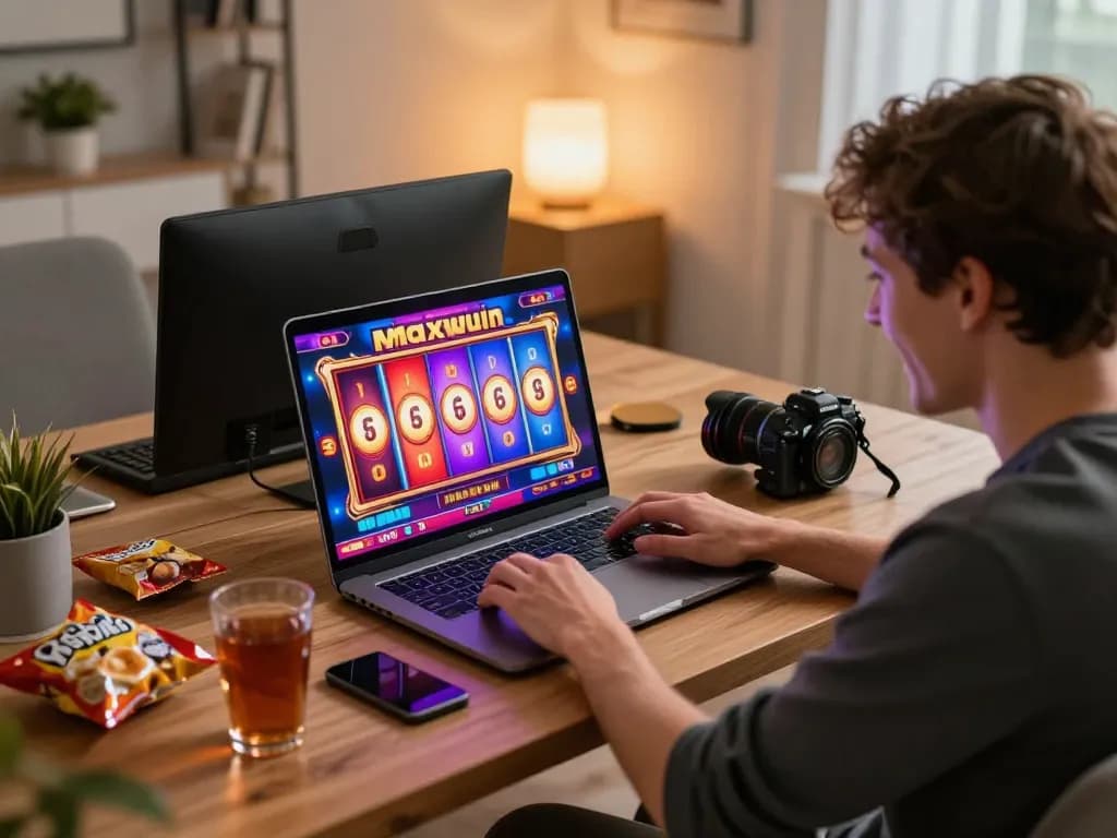 Engaging player enjoying slot online gampang maxwin on laptop, surrounded by a cozy home atmosphere.