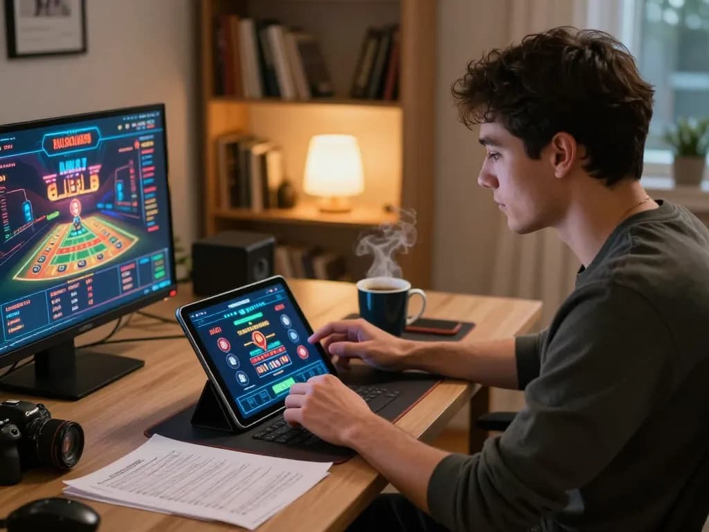 Pemain menikmati pengalaman permainan online HALOCUAN98 di rumah, tablet menampilkan aplikasi kasino, catatan strategis di meja.