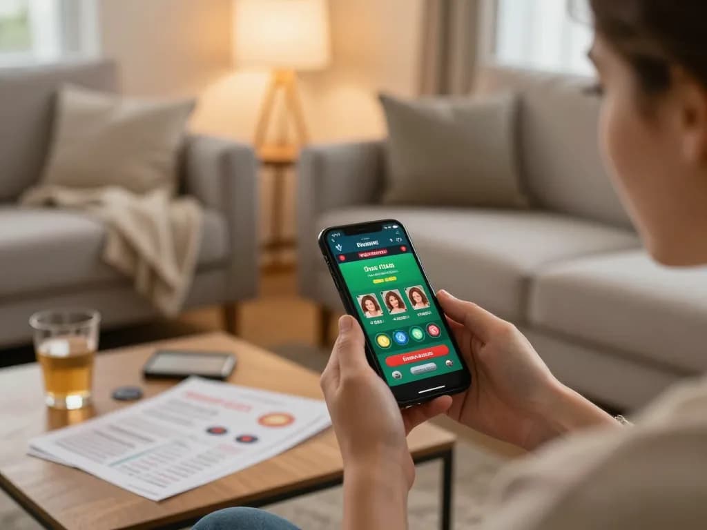 Engaging in online betting on fabet app on a smartphone in a cozy home setting.
