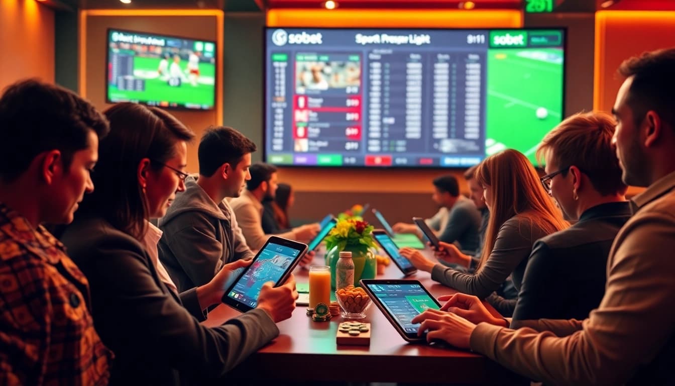 SBOBET sports betting scene with players using digital devices in a vibrant environment.