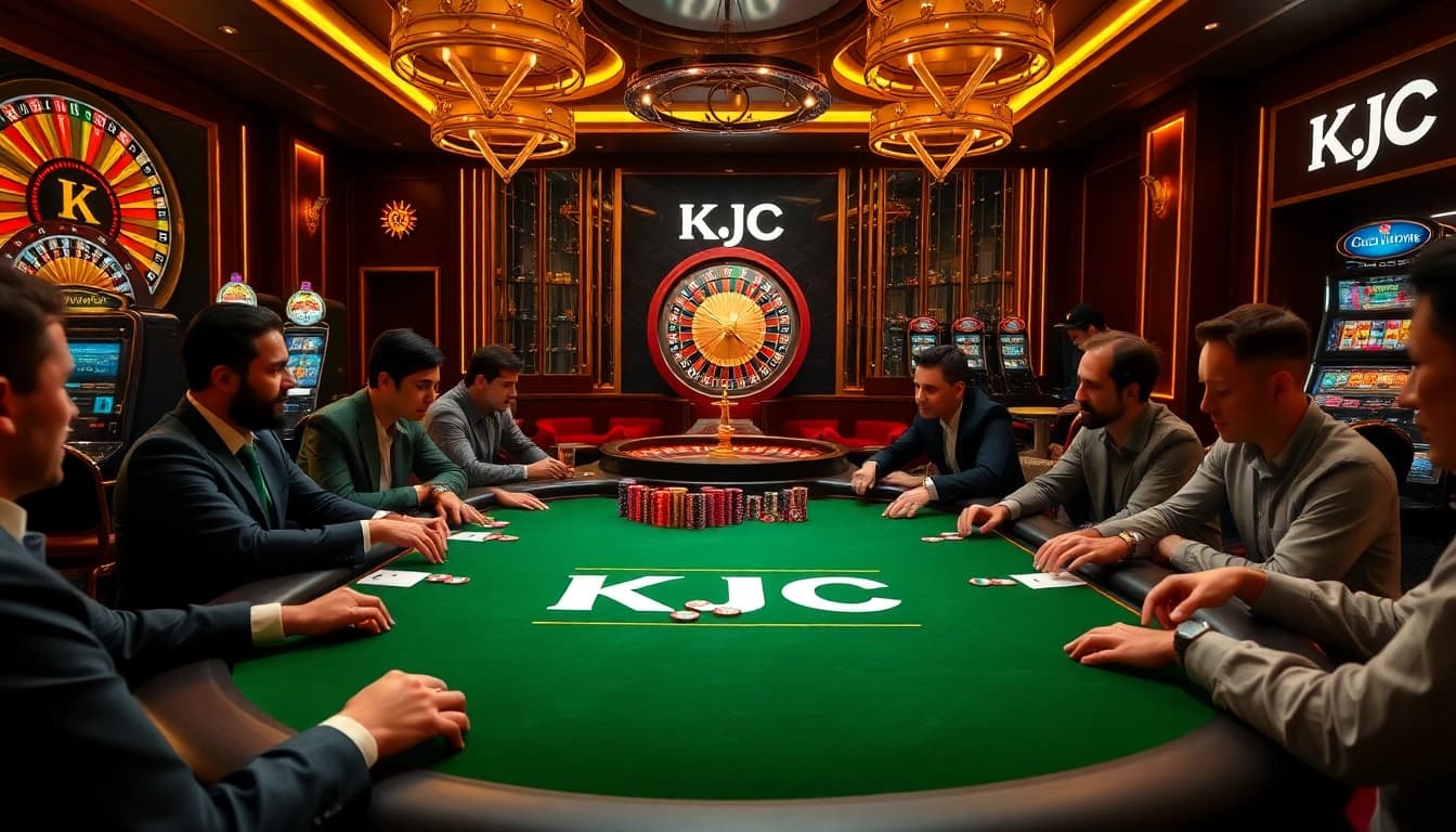 KJC players enjoying a high-stakes poker game with vibrant chips and luxury ambiance.