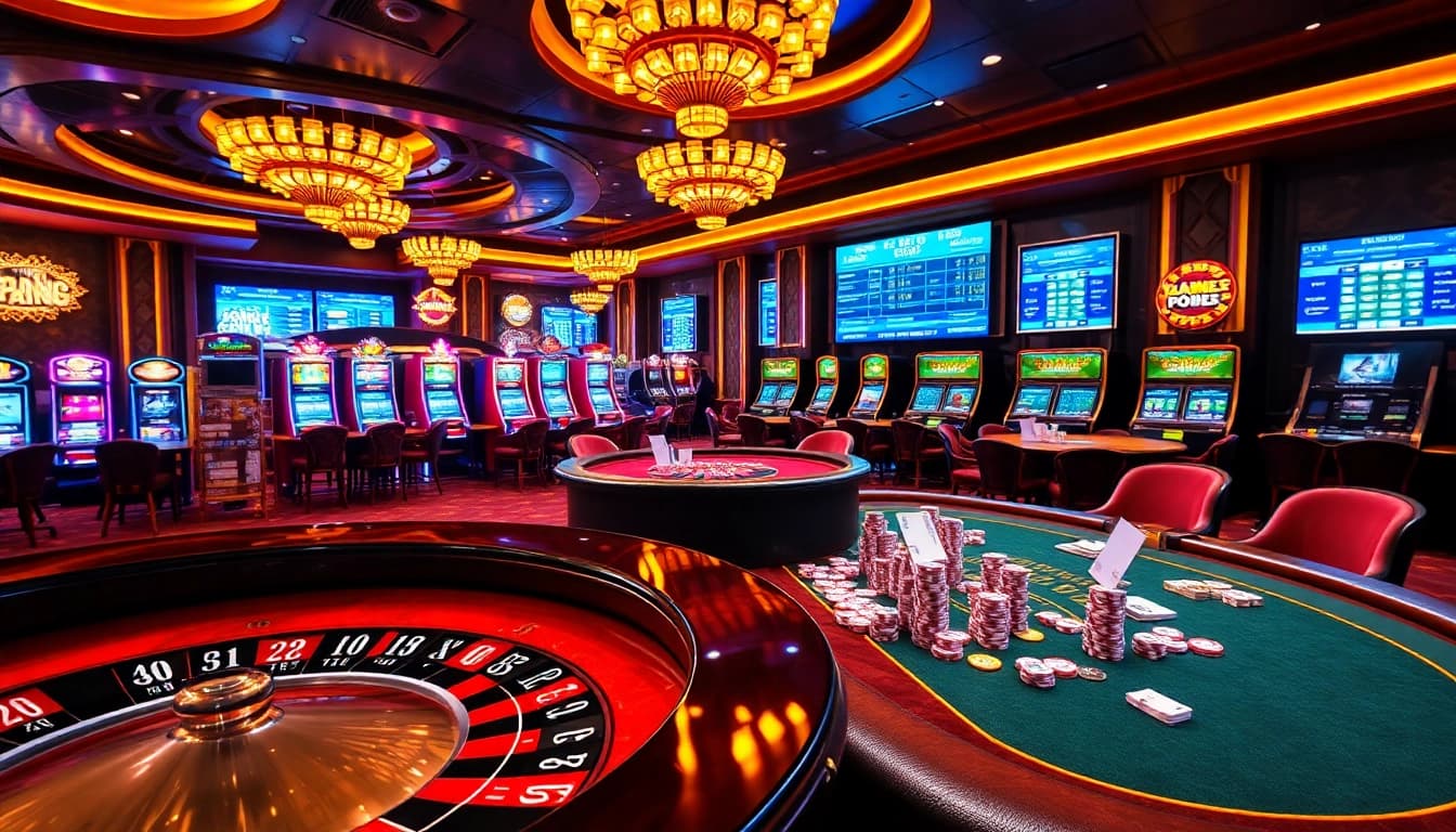 Gambling excitement at open88 com with players at the poker table and slot machines.
