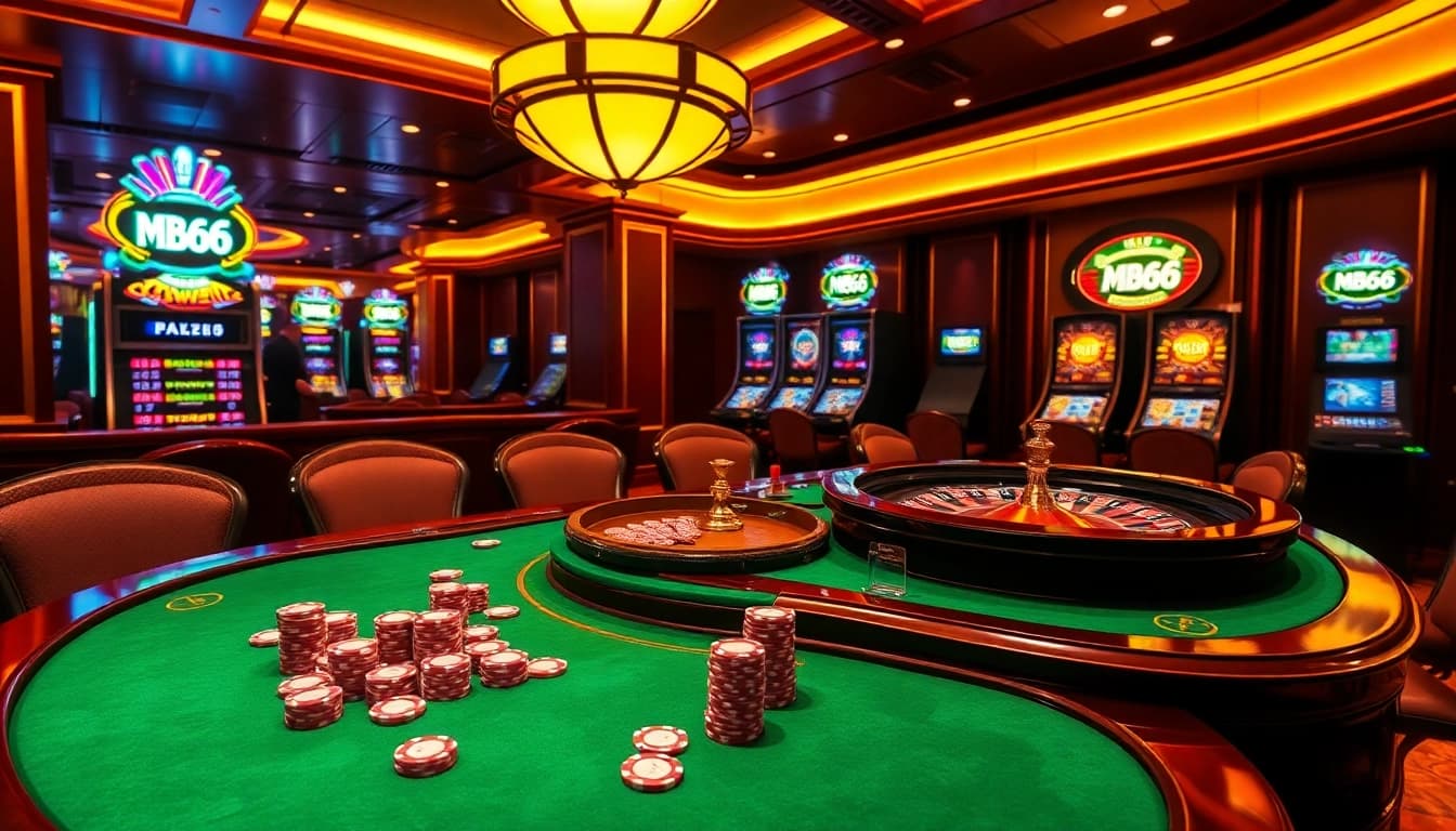 Exciting casino scene featuring betting tables, poker chips, and a roulette wheel with MB66 branding.