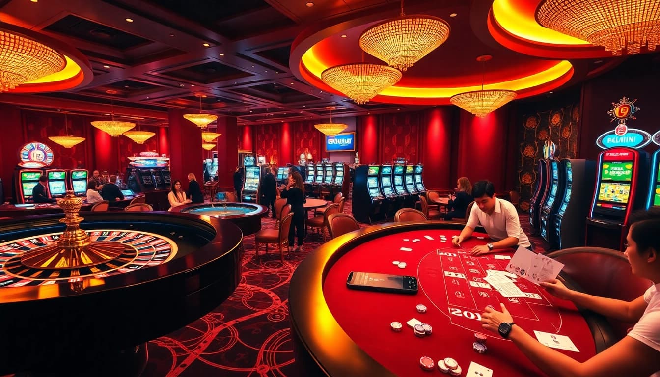 A bustling casino scene featuring games from KKWIN, highlighting excitement with poker tables and spinning roulette wheels.