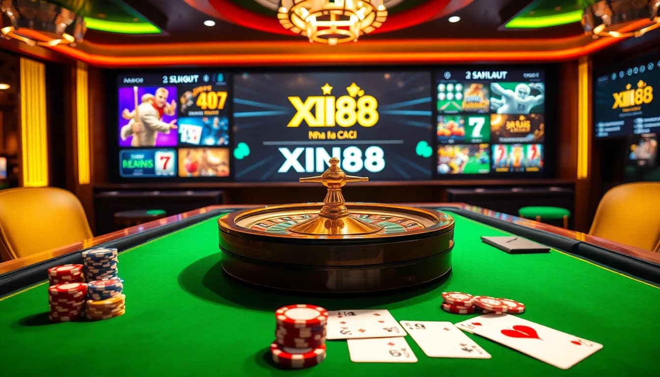 Engaging gambling scene featuring Nhà Cái XIN88 with poker chips and roulette wheel in a luxurious casino.