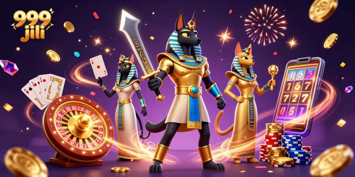 Experience thrilling gameplay with 999 jili, featuring Anubis and Bastet amidst casino excitement.