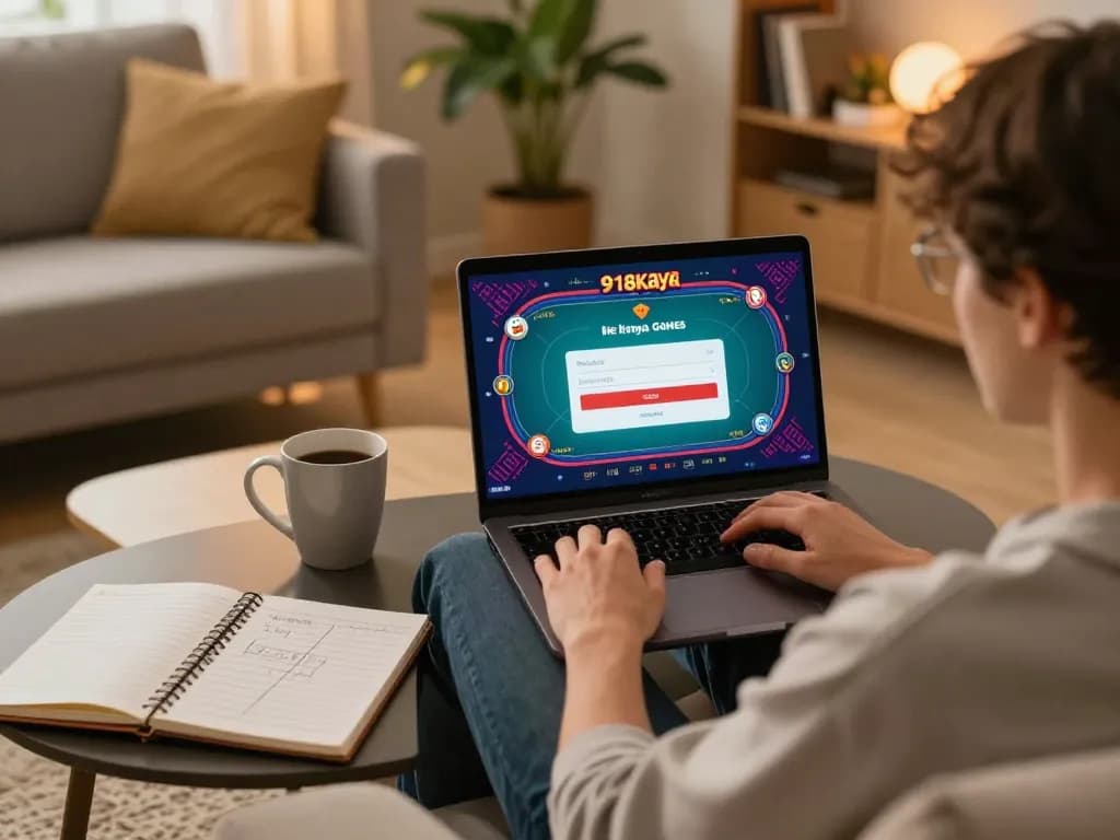 Player engaging in live poker while utilizing 918Kaya login and registration on a laptop for online gaming.