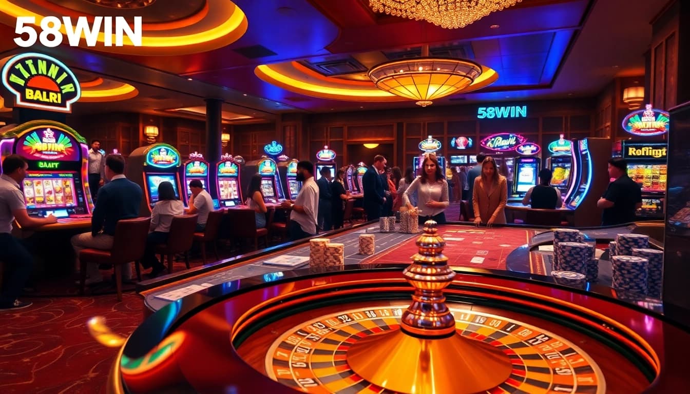Players enjoying casino action with 58WIN-themed poker chips and vibrant slot machines.