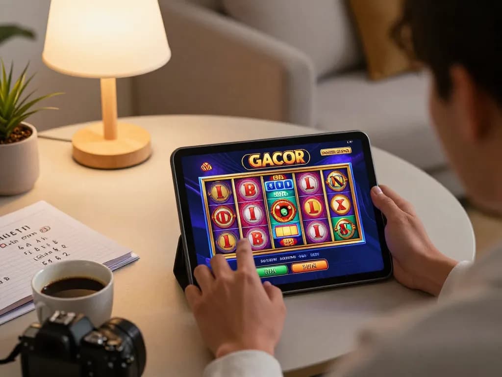Memainkan slot gacor gampang menang di tablet dalam pengaturan rumah yang nyaman, menampilkan antarmuka aplikasi kasino yang berwarna-warni.