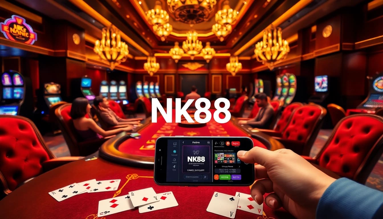 NK88 mobile app displayed among an elegant casino setting with poker tables and vibrant gaming equipment.