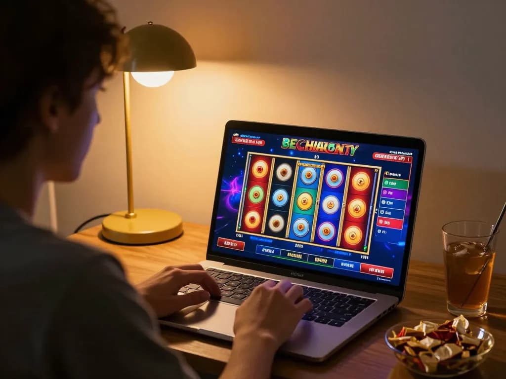 Player engaging with online slot games at vegrecipeworld, showcasing an inviting home gaming setup